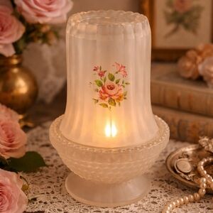 Vintage White Satin Fairy Lamp • Frosted Ribbed Pink Florals Thousand Eye Base